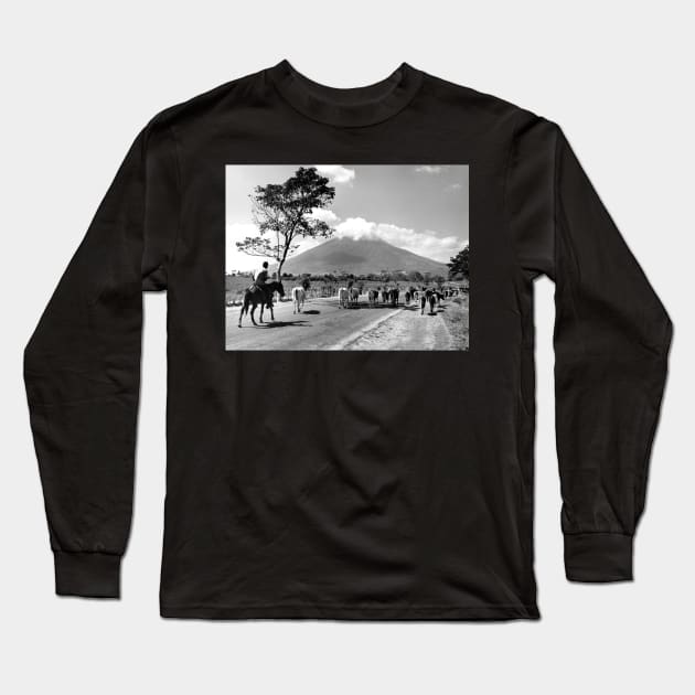 Vintage Photo of Cattle Drive past San Miguel Volcano Long Sleeve T-Shirt by In Memory of Jerry Frank